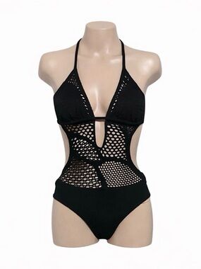 H&M One Piece Swimsuit Women’s Size 6 Black Crochet Monokini Padded Cut Out NWT